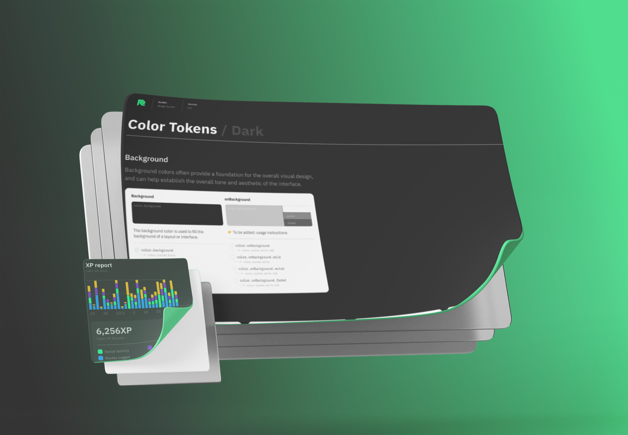 Documentația token-urilor de culoare pentru tema întunecată din ResNet Design System cu ierarhia token-urilor background și onBackground